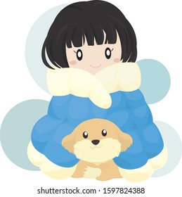 Girl and her Puppy Under The Blanket