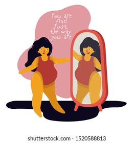 girl and her reflection in the mirror. girl looks in the mirror. reflection is smiling. Positive quote. Love and respect for the body. Feminism. Body positive. Simple vector illustration.