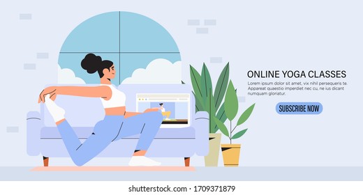 Girl in her room or apartment practicing yoga or doing exersice watching video online on laptop at home. Concept of online lessons or yoga studio classes with instructor banner, landing page, add.