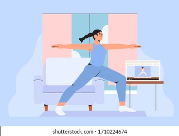 Girl in her room or apartment practicing yoga or doing exersice watching video online on laptop at home. Concept of online lessons or yoga studio classes with instructor banner, landing page, add.