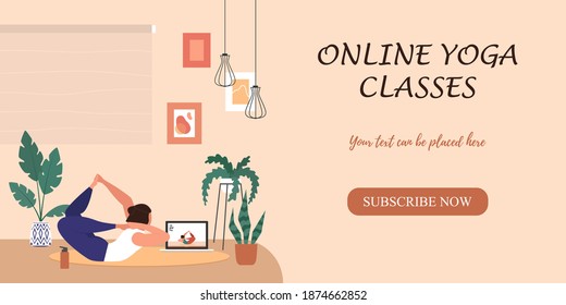 A girl in her room is doing yoga or exercises, watching videos online on a laptop at home. Online lesson or classes in yoga studio with instructor banner, landing page. Vector illustration