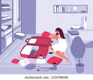 The girl in her room is packing her suitcase for the trip. A student collects things for a trip to study. The woman is going on vacation. Flat vector illustration.