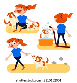 A girl with her routine and life activities. A cute girl has a dog. She plays with him, bathes him and takes him for a walk every day. Cartoon vecter illustration flat design