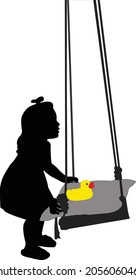 a girl and her rubber duck on swing, silhouette vector