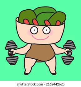 The Girl with her salad head is lifting Weight dumbbell Concept Card Character illustration