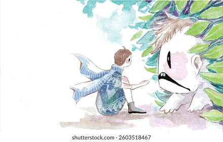 A girl with her secret friend in watercolor