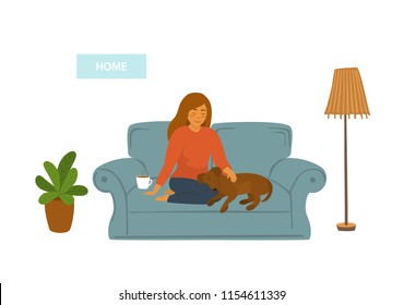 girl with her sleeping dog on sofa at home isolated vector illustration scene