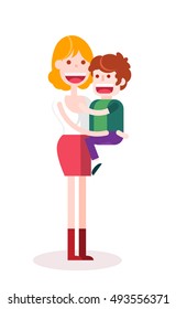 Girl with her Son. Isolated Flat Vector Illustration.