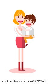 Girl with her Son on White Background . Isolated Flat Vector Illustration