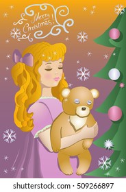 Girl with her Teddy-bear near the Christmas-tree.