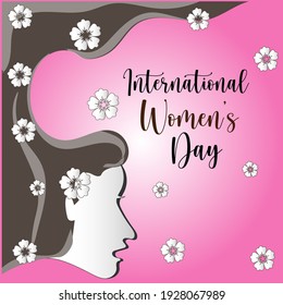 Girl with Her Wavy Long Hair and Floral on Background for International Women's Day Celebration.