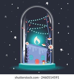 A Girl and Her World Illustration. Concept of Living Peaceful in Dome Glass. Unique House from a Candle. A Candle of Life. A Warm and Romantic House and Ordinary Living with Gardening Flower and Tree.