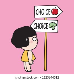 Girl Hesitates To Make A Decision Between Apple And Broccoli. Girl Can't Do Nothing Only Choose Healthy Fruit Or Veggie Concept Card Character illustration