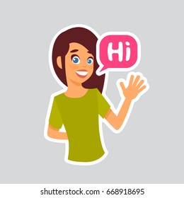 Girl Hi Sticker For Messenger, Label Icon Colorful Logo Vector Illustration