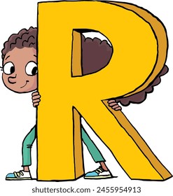 girl hides behind the capital letter R