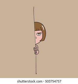 Girl hides behind the wall cartoon drawing