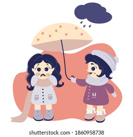 The girl hides a crying girl under an umbrella. The concept of mutual assistance and kindness. Children in winter clothes - hat, scarf, coat and boots in the background. Vector 
