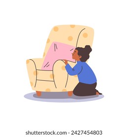 Girl hiding behind a chair while playing hide and seek game at home, cartoon flat vector illustration isolated on white background. Child playing hide and seek.