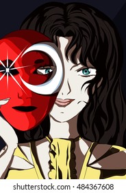 Girl hiding behind a mask. Illustration can be used for theater performances, posters, and for books on magic, divination or magic festivals