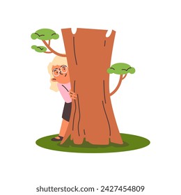 Girl hiding behind a tree, cartoon flat vector illustration isolated on white background. Child girl peeks out from behind a tree while playing hide and seek game.