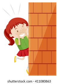 Girl hiding behind the wall illustration