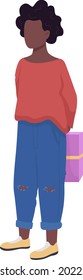 Girl hiding gift package behind back semi flat color vector character. Full body person on white. Surprise birthday present isolated modern cartoon style illustration for graphic design and animation