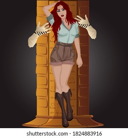 The girl is hiding from the mummy. Vector art