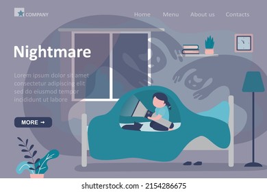 Girl hiding under blanket from ghosts. Child with flashlight frightened by specters in bedroom. Childhood fears, nightmares, landing page template. Insomnia. Kid scared by imaginary monsters. Vector