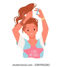 Girl with high ponytail vector illustration. Cartoon isolated beautiful young curly woman holding scrunchy elastic band and wavy long strands to do hair, motivation text I love my curl on on tee shirt