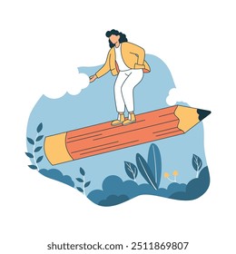 Girl High School Student Character Illustration Surfing on Giant Pencil in the Park