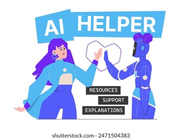 Una chica choca los cinco con una linda androide femenina. Uso de la inteligencia artificial en la educación. Recursos, Asistencia de aprendizaje, explicaciones. Ilustración plana de Vector.