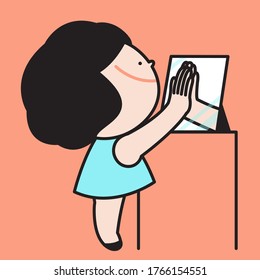 Girl Highing Five Her Reflection In A Mirror. A Way To Cheer Yourself Up Concept Card Character illustration