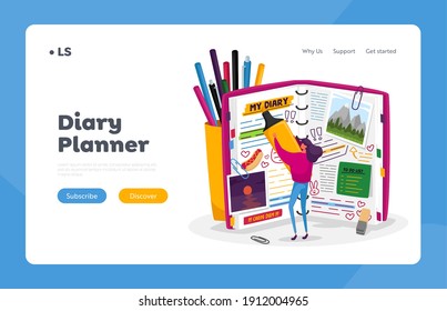 Girl Highlighting Titles in Private Notebook Landing Page Template. Tiny Female Character at Huge Diary Writing Notes, Memoirs, Planning Deals, Fill To Do List, Pictures. Cartoon Vector Illustration