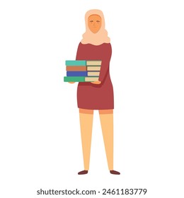 Girl in hijab with book stack icon cartoon vector. Academic study route. Arabian lifestyle