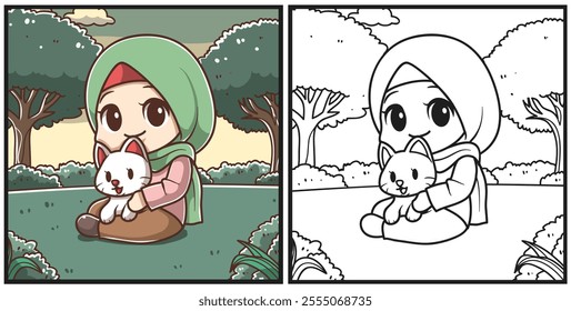 Girl with hijab and cat character coloring page illustration