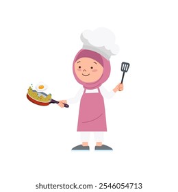 girl with hijab is cooking using a frying pan and holding a spatula