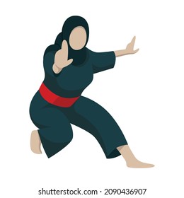 A girl with a hijab do a squat and extend one of her leg to the front. A female athlete demonstrates a stance of silat, a martial arts from Indonesia.