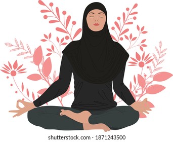 A girl in a hijab is engaged in yoga. Muslim woman sits in lotus on the floral background 