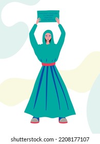 Girl in a hijab in full growth with a poster in her hands. Rally and protest in Iran, women's freedom. Vector isolated illustration in flat style. Innocent lives are in danger. Irenian lives matter