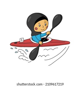 Girl in hijab paddling on kayak. Vector cartoon drawing of canoe sprint Islamic woman.  Muslim sportsman kayaking.