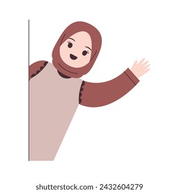 Girl with hijab is peeking while waving her hand