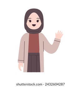 Girl with hijab raised one hand while waving
