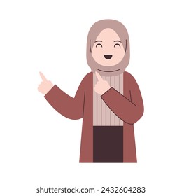 Girl with hijab is smiling while pointing upwards
