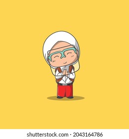 girl with hijab using face shield ready back to school vector icon illustration. Education icon. Flat Cartoon Style Suitable for Web Landing Page, Banner, Flyer, Sticker, Wallpaper, Card, Background	
