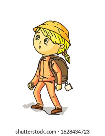 Girl hiker with backpack isolated on white. Camping activity. Cheap traveling choice. Extreme adventure. Active vacation. Walking tour. Trekking, climbing in mounts. Vector flat illustration