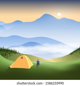 Girl hiker sitting near yellow tourists tent and enjoy majestic sunrise in a misty mountain valley. Vector illustration EPS 10.