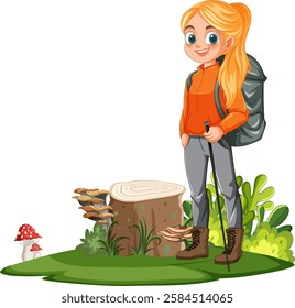 Girl hiking with backpack in forest environment