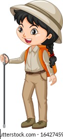 Girl with hiking gears on white background illustration