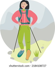 A girl is hiking in the mountains with a backpack, a cartoon hiker on the background of the mountains, a walk outside