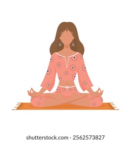 a girl in hippie clothes sitting in lotus pose and meditating.faceless illustration isolated on white background